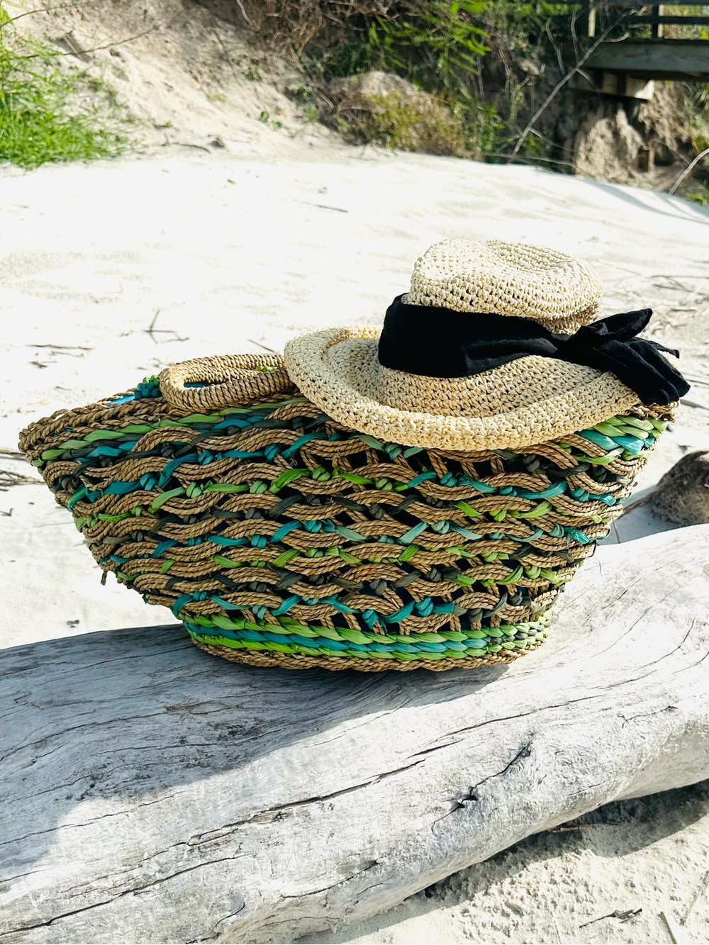 Sun and Sand Handwoven Straw Tote with Teal and Green Accents Large